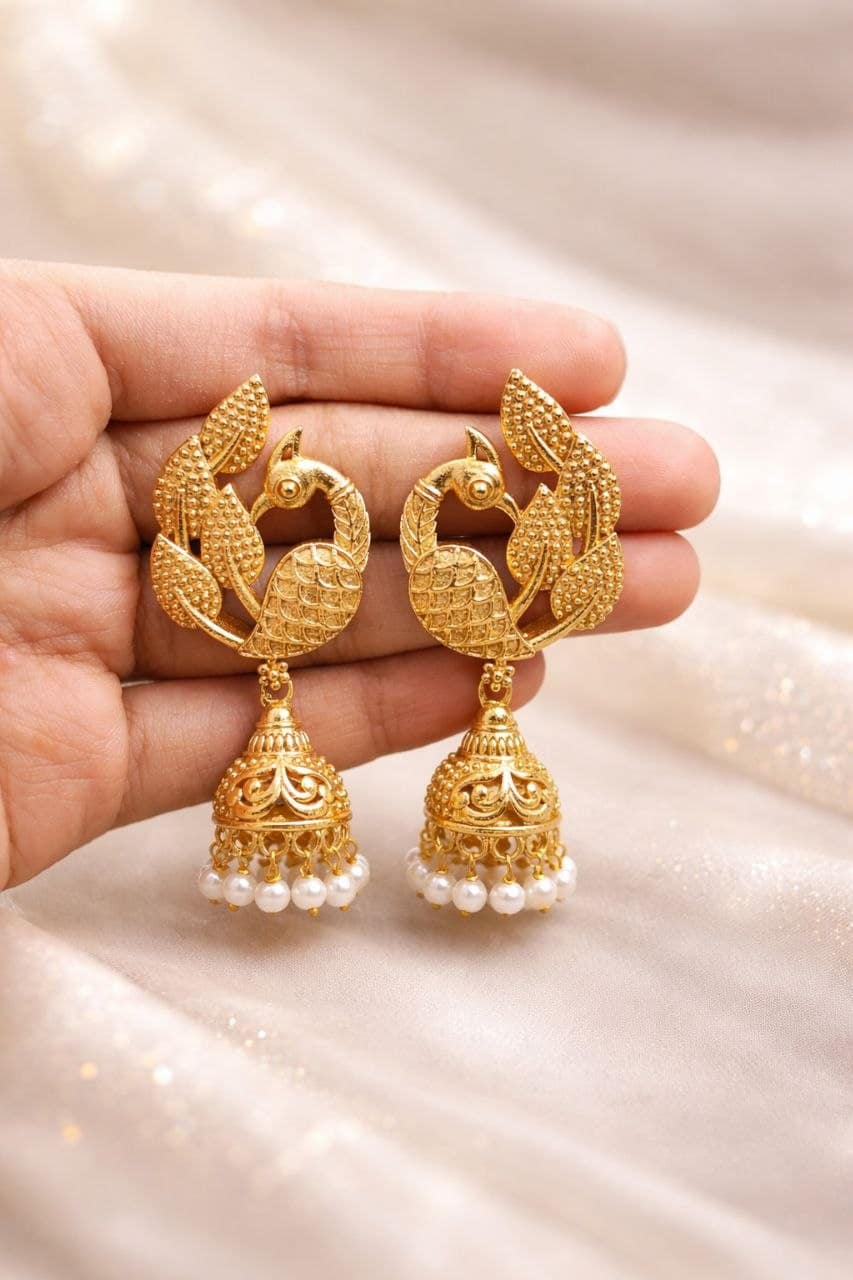 Golden Peacock Jhumka stylish brass jewelry design