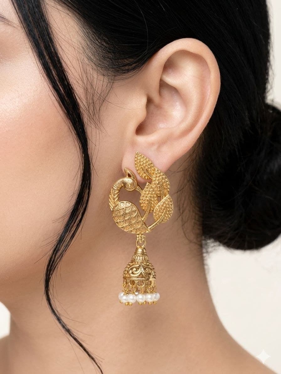 Golden Peacock Jhumka Elegant Dazzling Traditional Earrings for Stunning Ethnic Style 1 Golden Peacock Jhumka stylish brass jewelry design